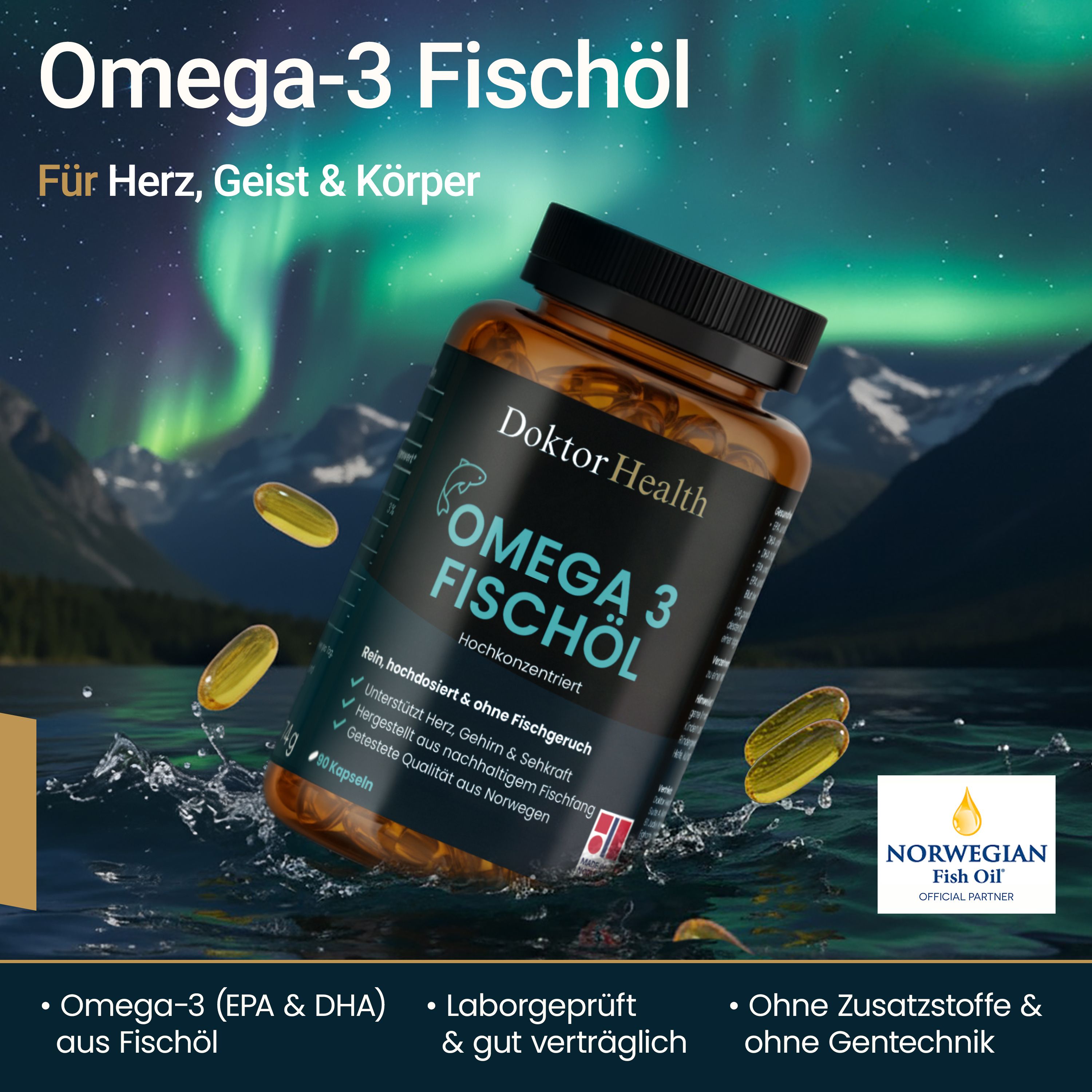 Capsule e flacone marroni con etichetta. Testo: Omega-3 Fischöl, Doktor Health. Logo Norwegian Fish Oil. Per cuore, mente e corpo.