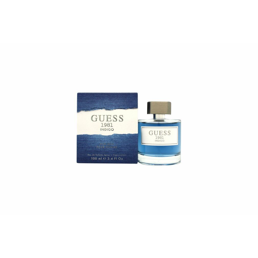 Flacone e scatola blu. Scritta: GUESS 1981 INDIGO. Per uomo. Eau de Toilette Spray. Testo argento su sfondo blu.