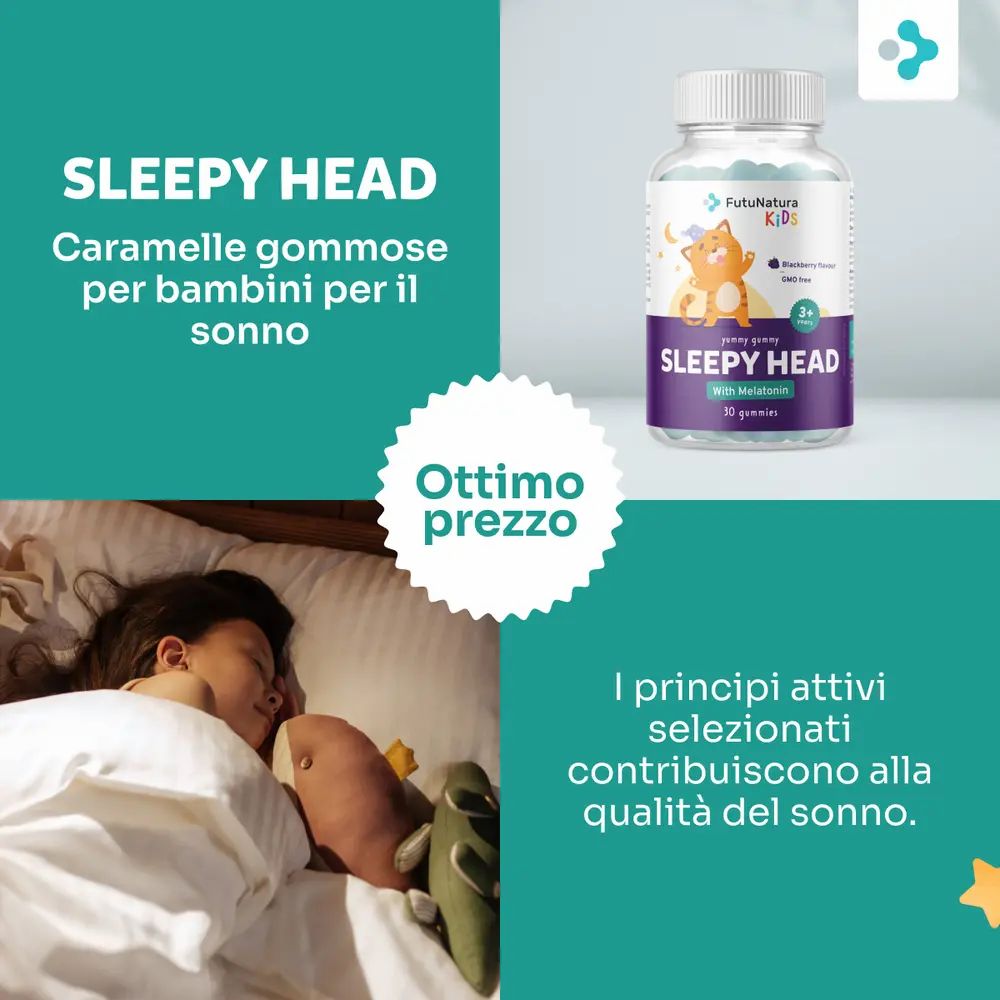 Bambina che dorme a letto. Accanto, flacone SLEEPY HEAD, melatonina. Testo: Caramelle gommose per bambini per il sonno.