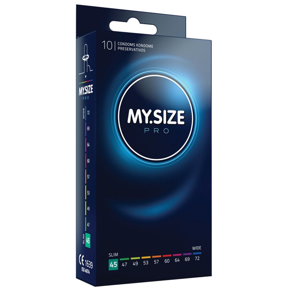 Confezione MY.SIZE PRO, 10 preservativi, misura 45mm. Sfondo nero, indicazioni taglie.