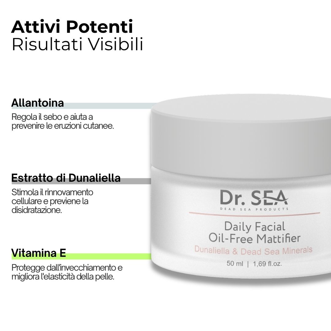 Vasetto di crema con testo. Testo: Attivi Potenti Risultati Visibili, Allantoina, Estratto di Dunaliella, Vitamina E, Daily Facial.