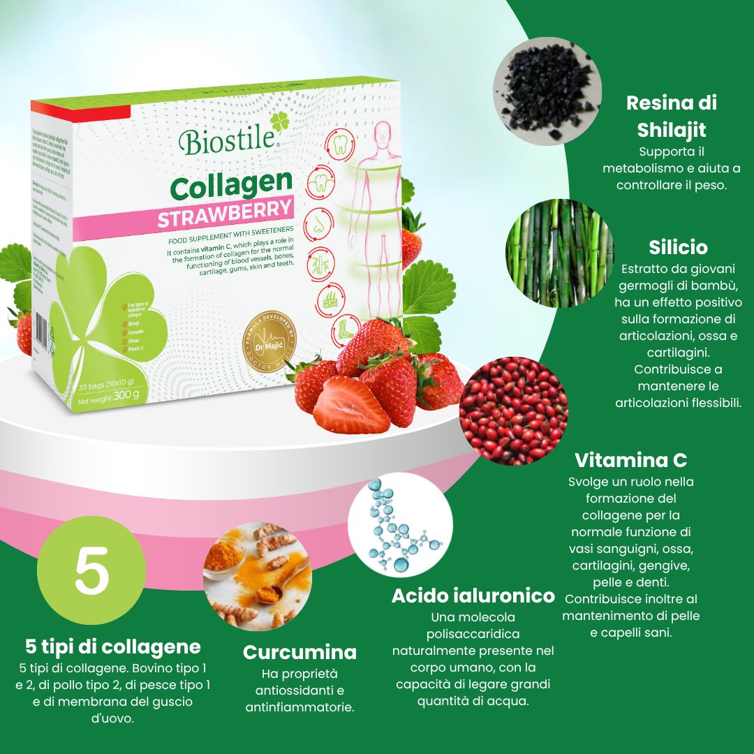 Confezione Biostile Collagen Strawberry. Ingredienti: 5 tipi di collagene, curcuma, acido ialuronico, vitamina C.