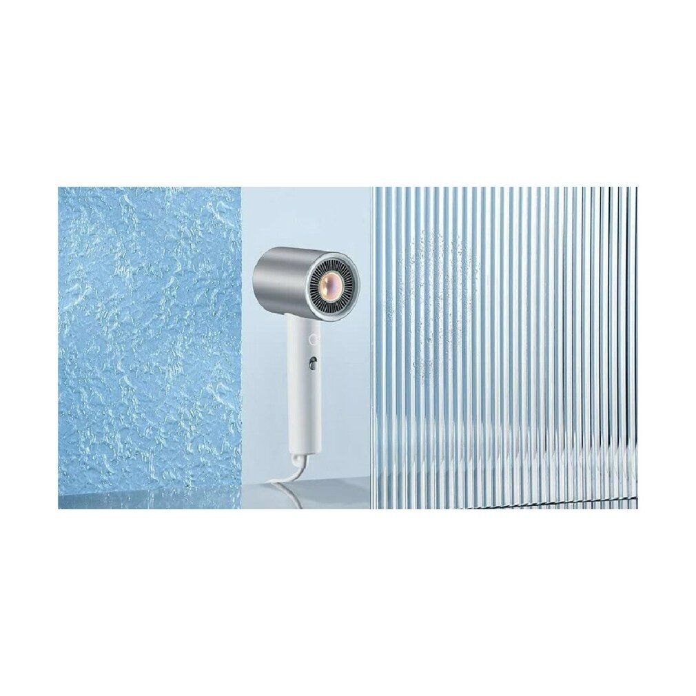 Asciugacapelli moderno bianco e argento con beccuccio.