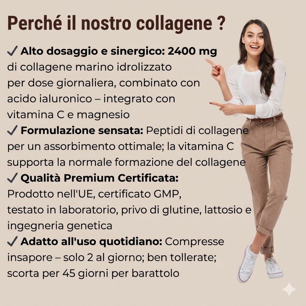 Donna che indica il testo. Testo: 2400 mg collagene, vitamina C e magnesio. Qualità premium.