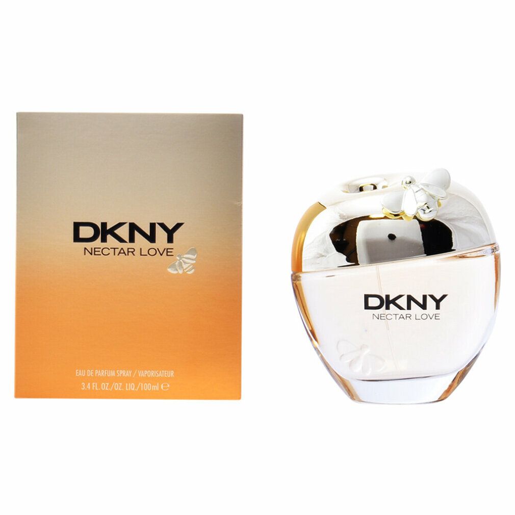 Flacone di profumo e scatola. Flacone con tappo argentato. Scritta DKNY Nectar Love.