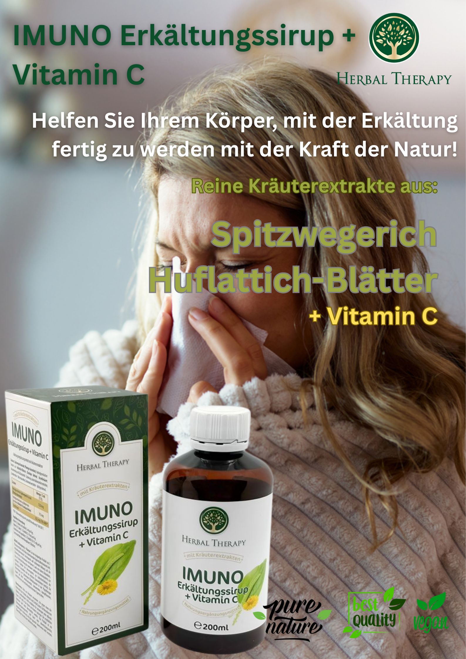 Donna con fazzoletto. Bottiglia e scatola con scritta: IMUNO Erkältungssirup + Vitamina C. Logo Herbal Therapy.