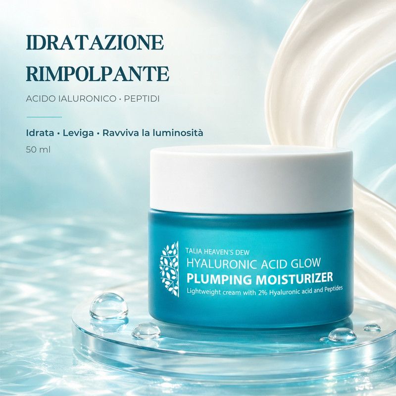 Un barattolo blu con coperchio bianco, riempito con una crema idratante leggera, su un piedistallo di vetro.