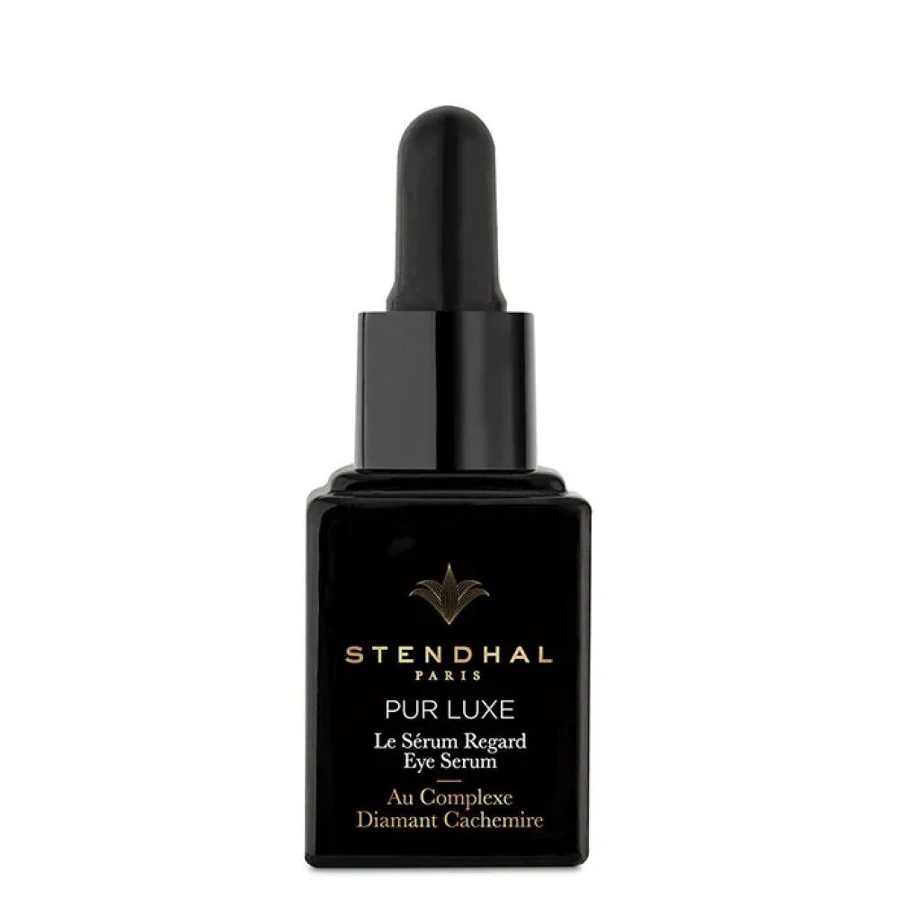 Flacone nero con pipetta. Scritta: Stendhal Paris, Pur Luxe, Le Sérum Regard Eye Serum, Au Complexe Diamant Cachemire.