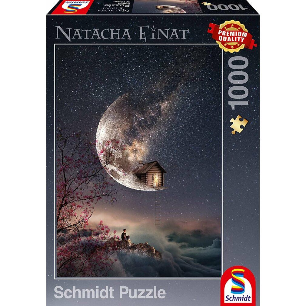 Scatola puzzle con motivo lunare. Casa sulla luna, scala, uomo sulla roccia. Cielo stellato. Marchio: Schmidt Puzzle.