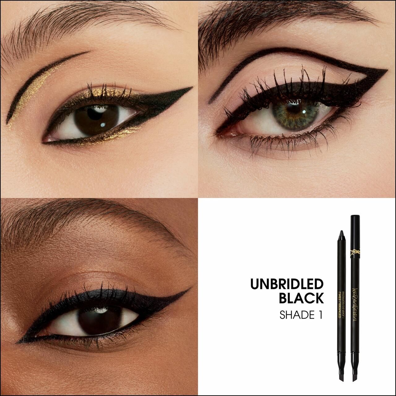 Primi piani di occhi con applicazioni di eyeliner. Prodotto e testo 'UNBRIDLED BLACK SHADE 1' in basso a destra.