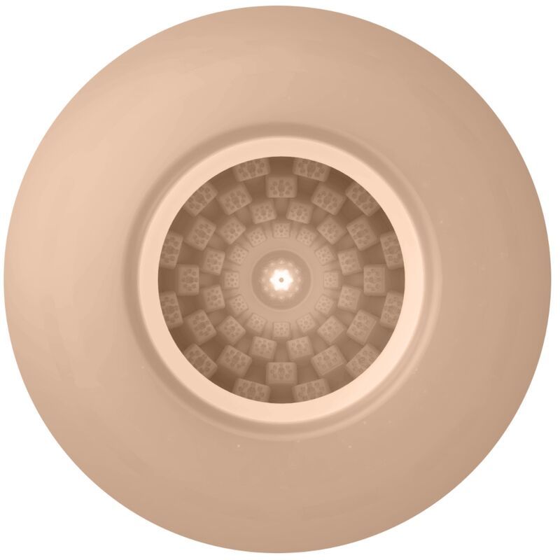 Masturbatore a forma di uovo, beige, con dimensioni 55x67mm (confezione) e 50x55mm (prodotto).