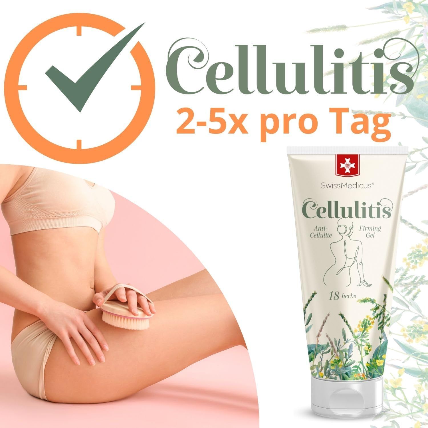 Tubo di crema SwissMedicus Cellulitis. Donna con spazzola. Testo: 2-5x al giorno. Spunta verde.