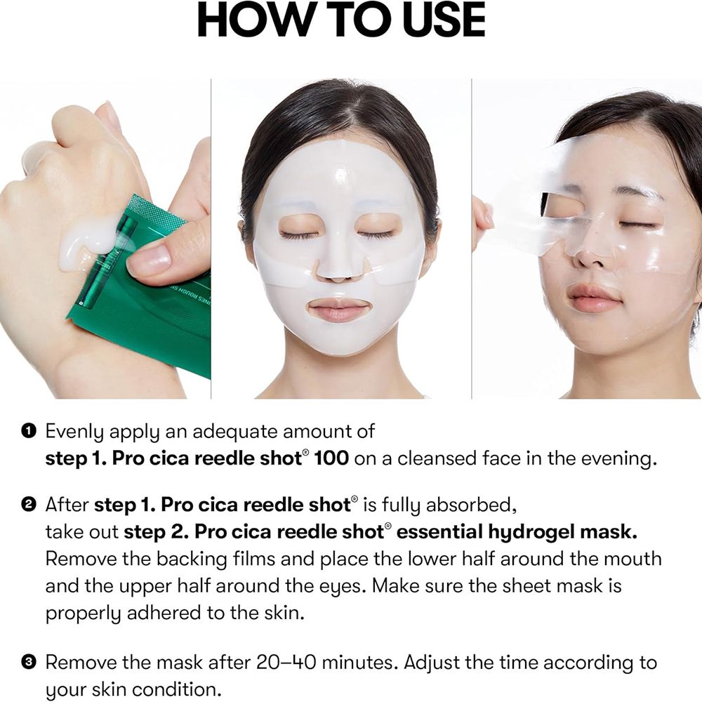 Fasi di utilizzo. 1: Pro Cica Reedle Shot 100. 2: Pro Cica Hydrogel Maske. 3: Rimuovere la maschera. Illustrazioni.