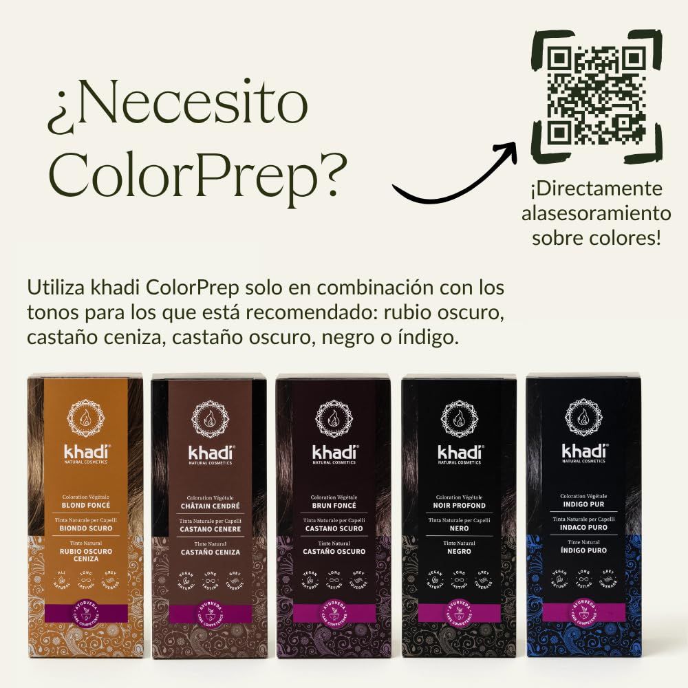 Cinque scatole Khadi ColorPrep. Testo: ¿Necesito ColorPrep? Colori: Rubio Oscuro, Castaño Ceniza, Castaño Oscuro, Negro, Indigo Puro.