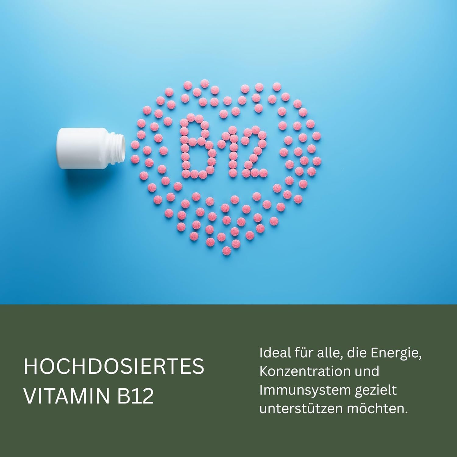 Flacone bianco con compresse rosa a forma di cuore. Testo: Hochdosiertes Vitamin B12. Ideale per energia, concentrazione e sistema immunitario.