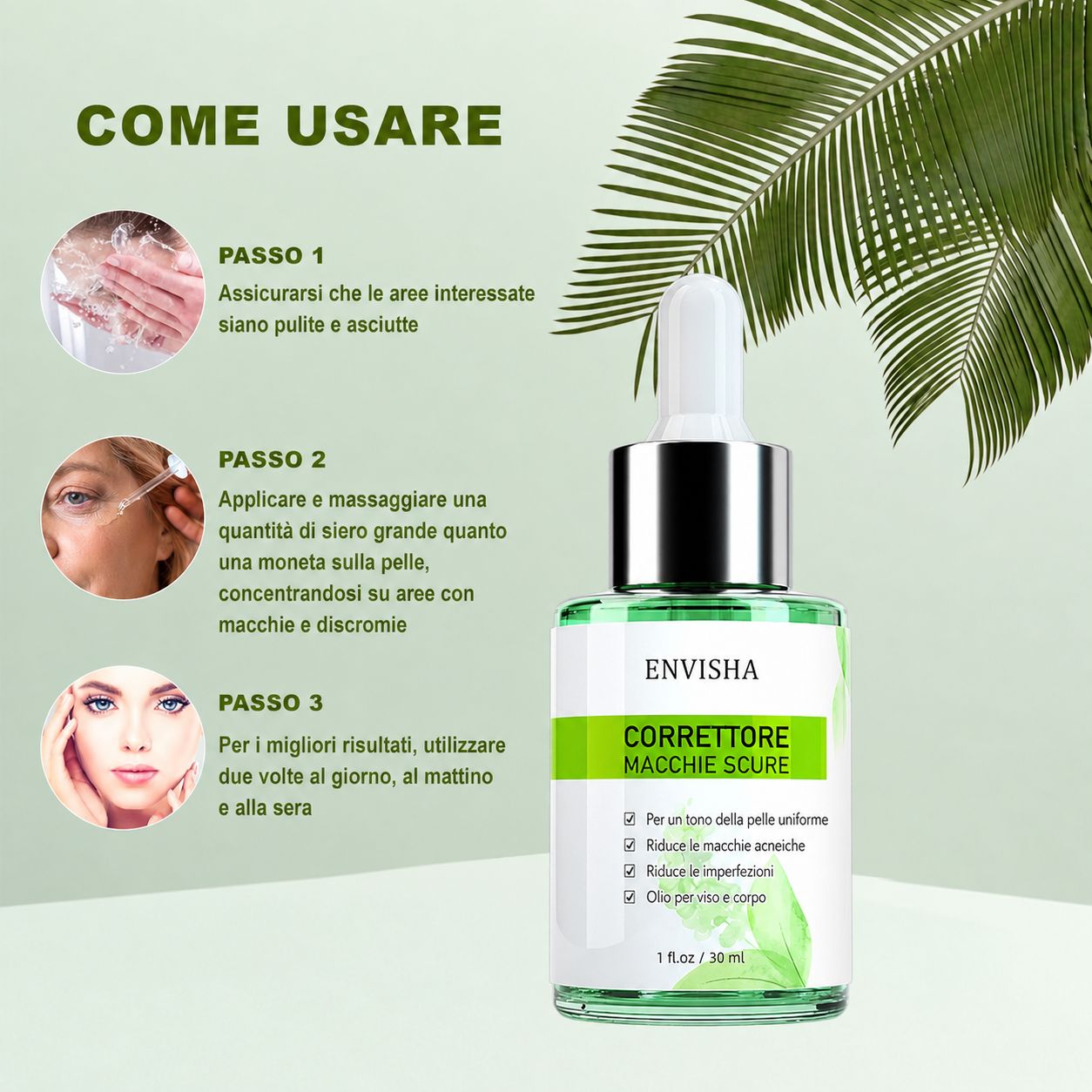 Flacone di vetro verde con contagocce. ENVISHA Corrector Oil. Uso: applicare su pelle pulita, massaggiare, mattina e sera.