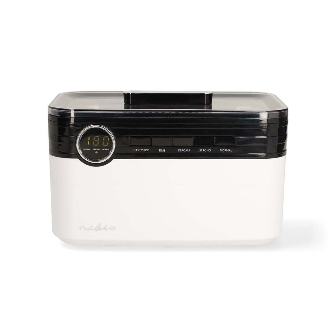 Pulitore a ultrasuoni bianco e nero con display digitale e comandi. Marchio: Nedis.