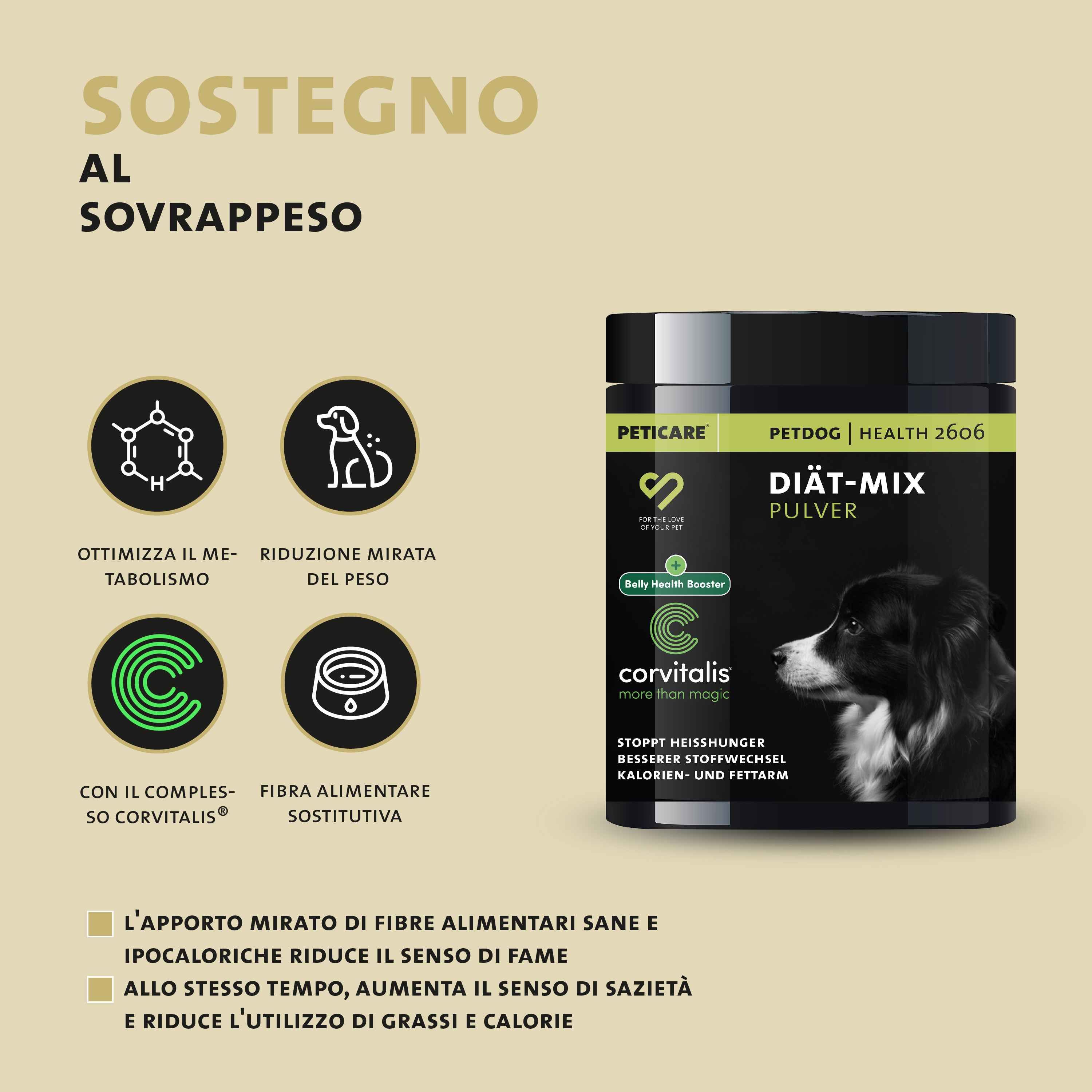 Contenitore Peticare Relax & Chill polvere con icone per ingredienti vegetali.