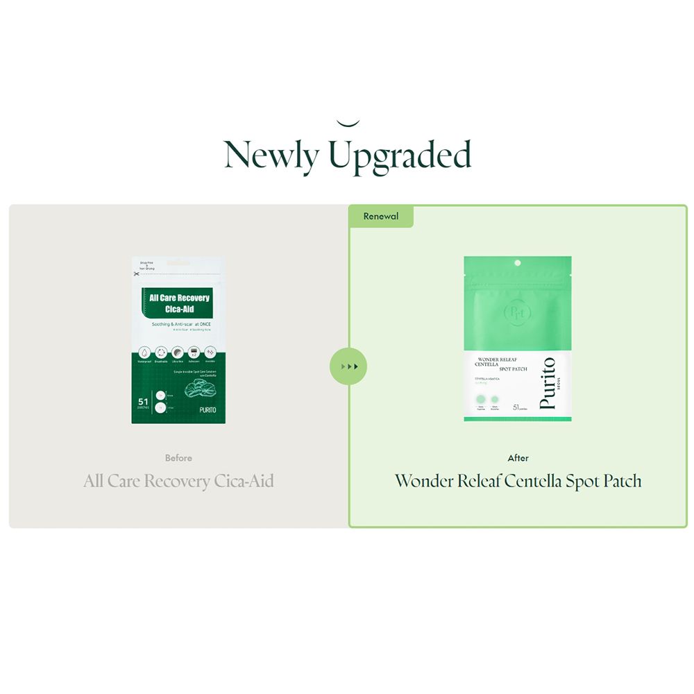 Confronto prima-dopo. Sinistra: All Care Recovery Cica-Aid. Destra: Wonder Releaf Centella Spot Patch. Design verde e bianco.