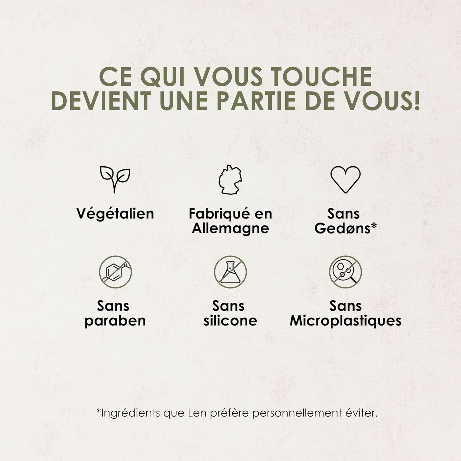 Icone: Vegano, Made in Germany, Senza Gedøns, Senza parabeni, Senza siliconi, Senza microplastiche.
