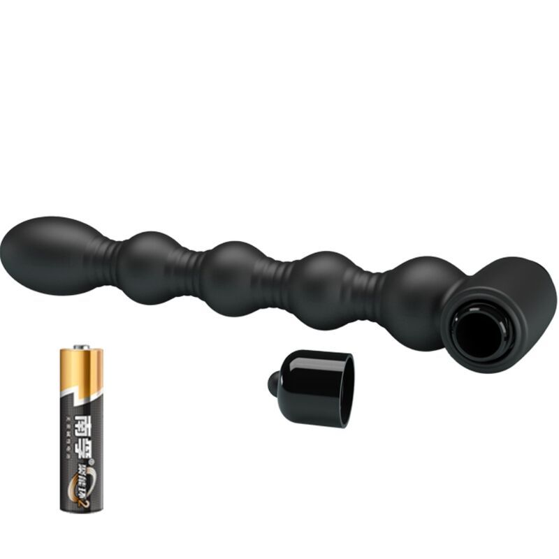 Plug anale in silicone nero, cappuccio rimovibile e batteria.