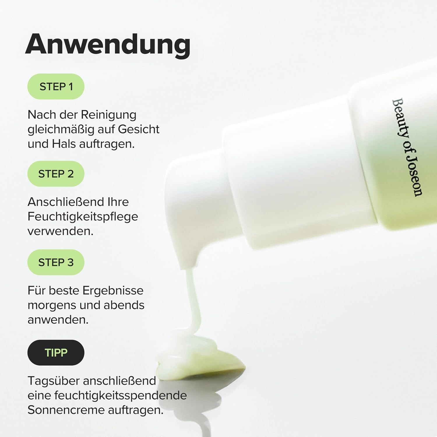 Fasi di applicazione. Testo: FASE 1, FASE 2, FASE 3. Marchio: Beauty of Joseon.