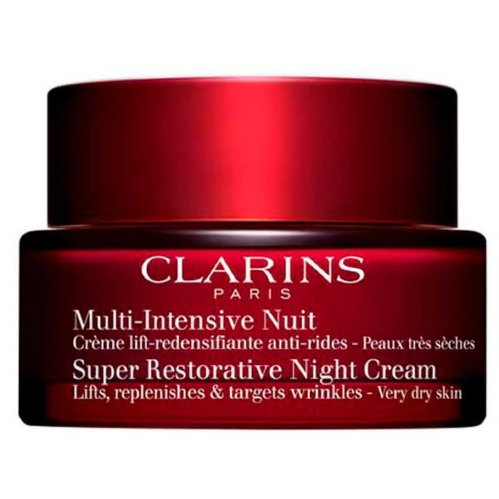 Clarins Multi-Intensive Nuit crema, vasetto rosso con coperchio nero. Testo: Super Restorative Night Cream, per pelli molto secche.