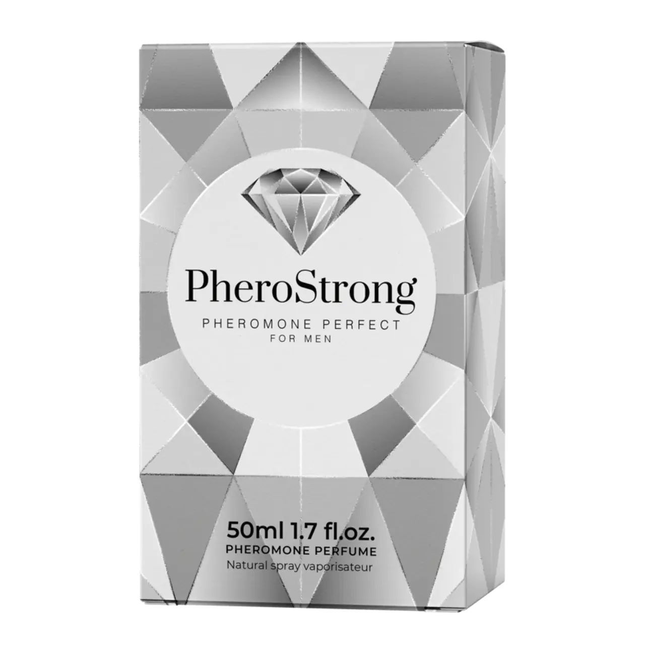 Confezione con logo e informazioni sul prodotto. Scritta: PheroStrong, Pheromone Perfect for Men, 50ml 1.7 fl.oz.