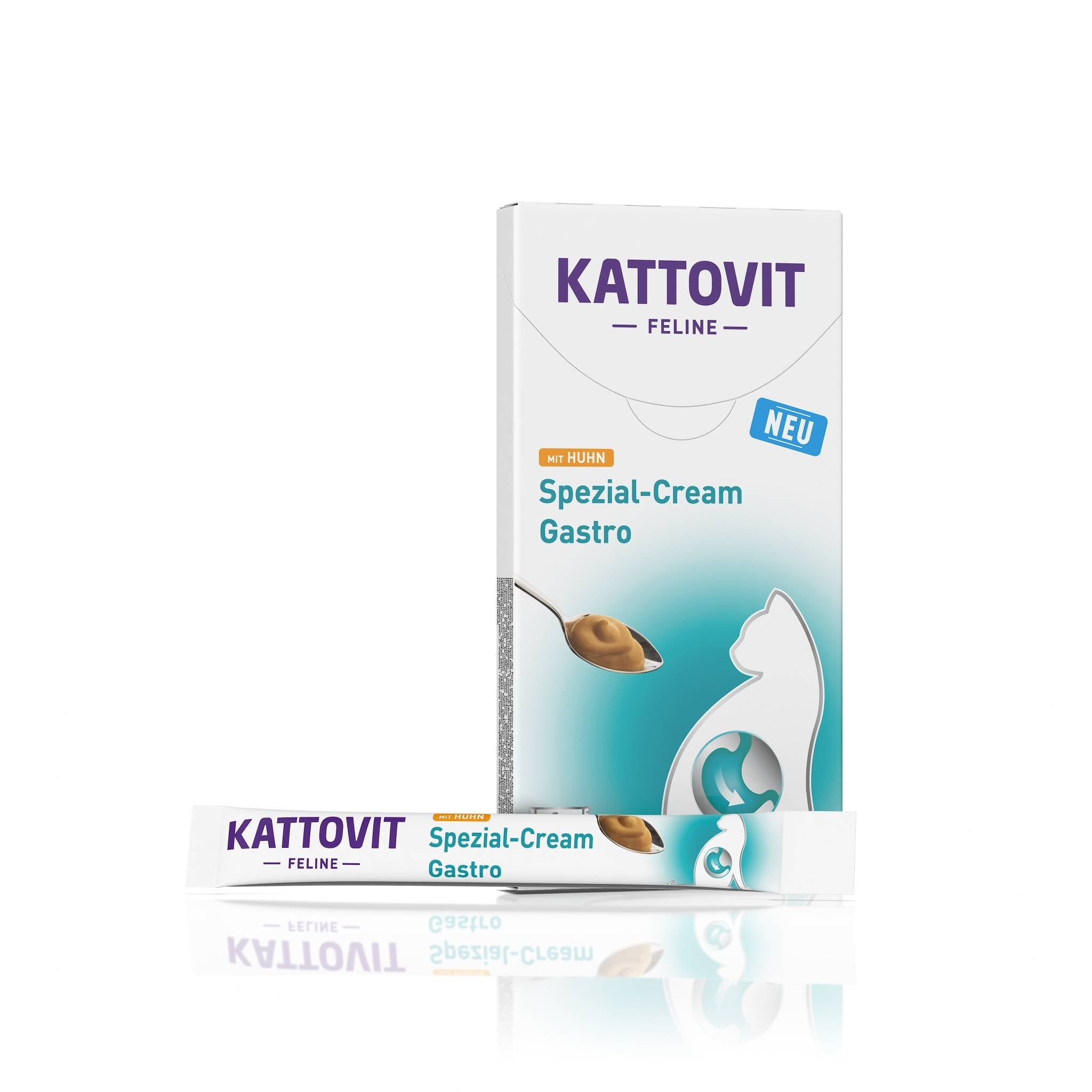 Scatola e tubo con stampa del prodotto. Scritta KATTOVIT, Spezial-Cream Gastro. Immagine di un gatto.
