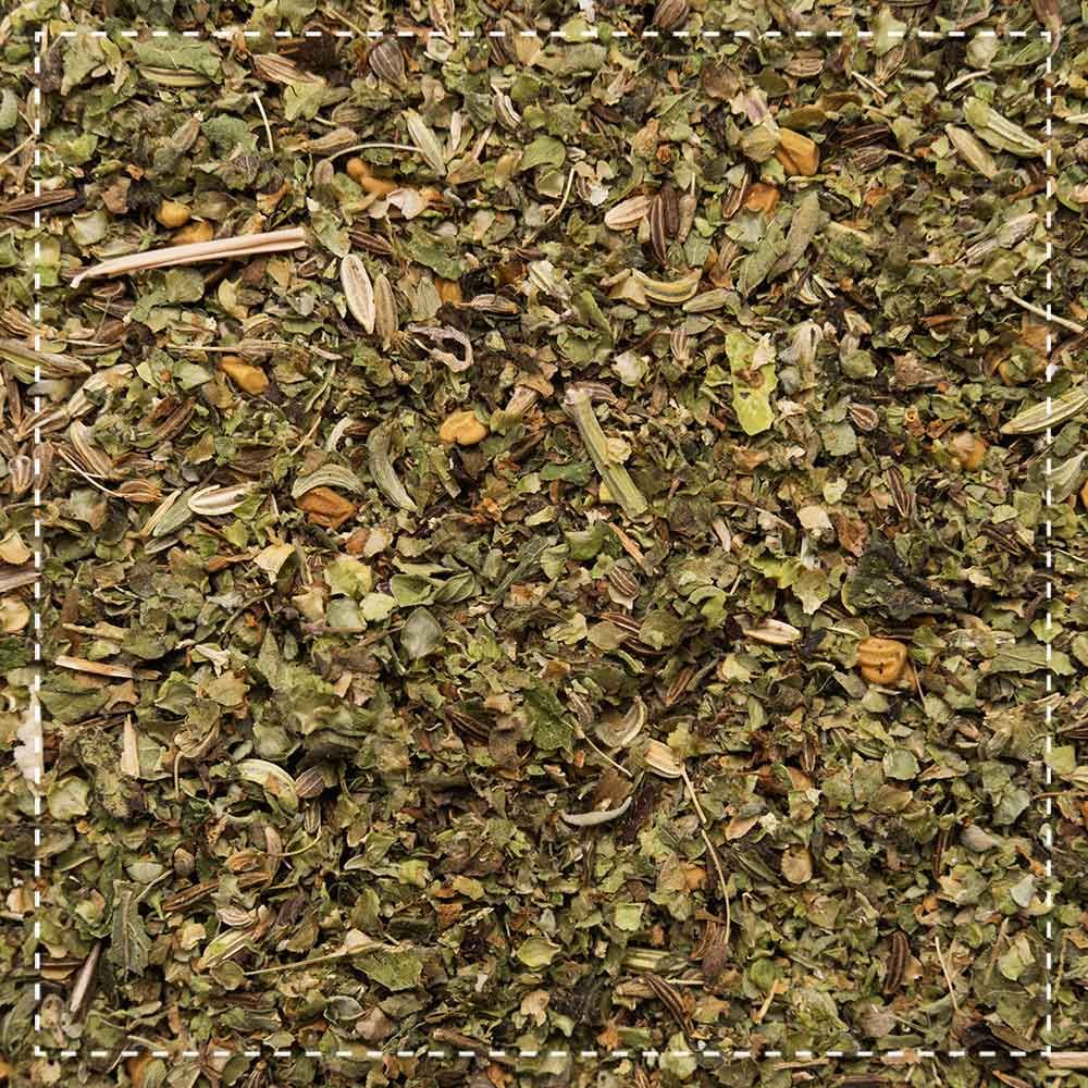 Primo piano di erbe essiccate. Foglie e semi verdi. Ritaglio quadrato.