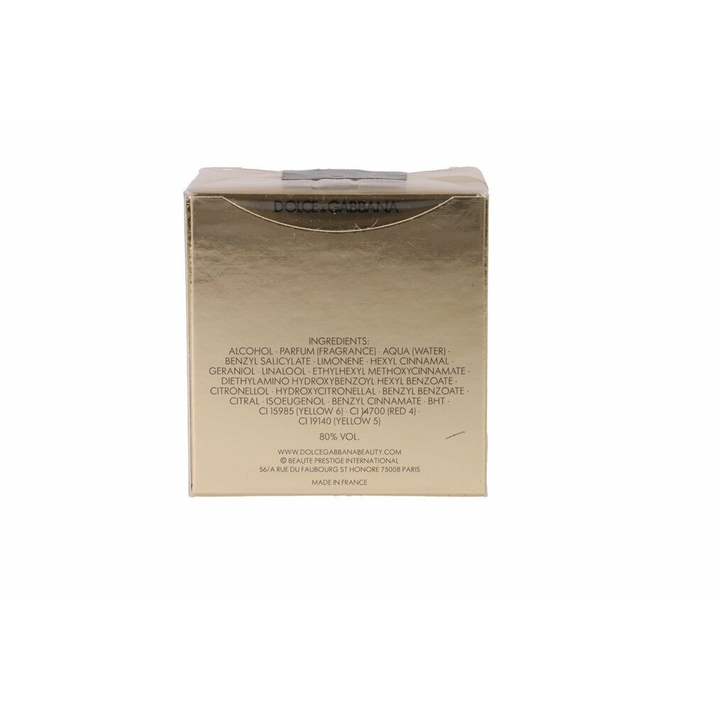 Retro della confezione in cartone. Elenco ingredienti e informazioni. Scritta: DOLCE & GABBANA.