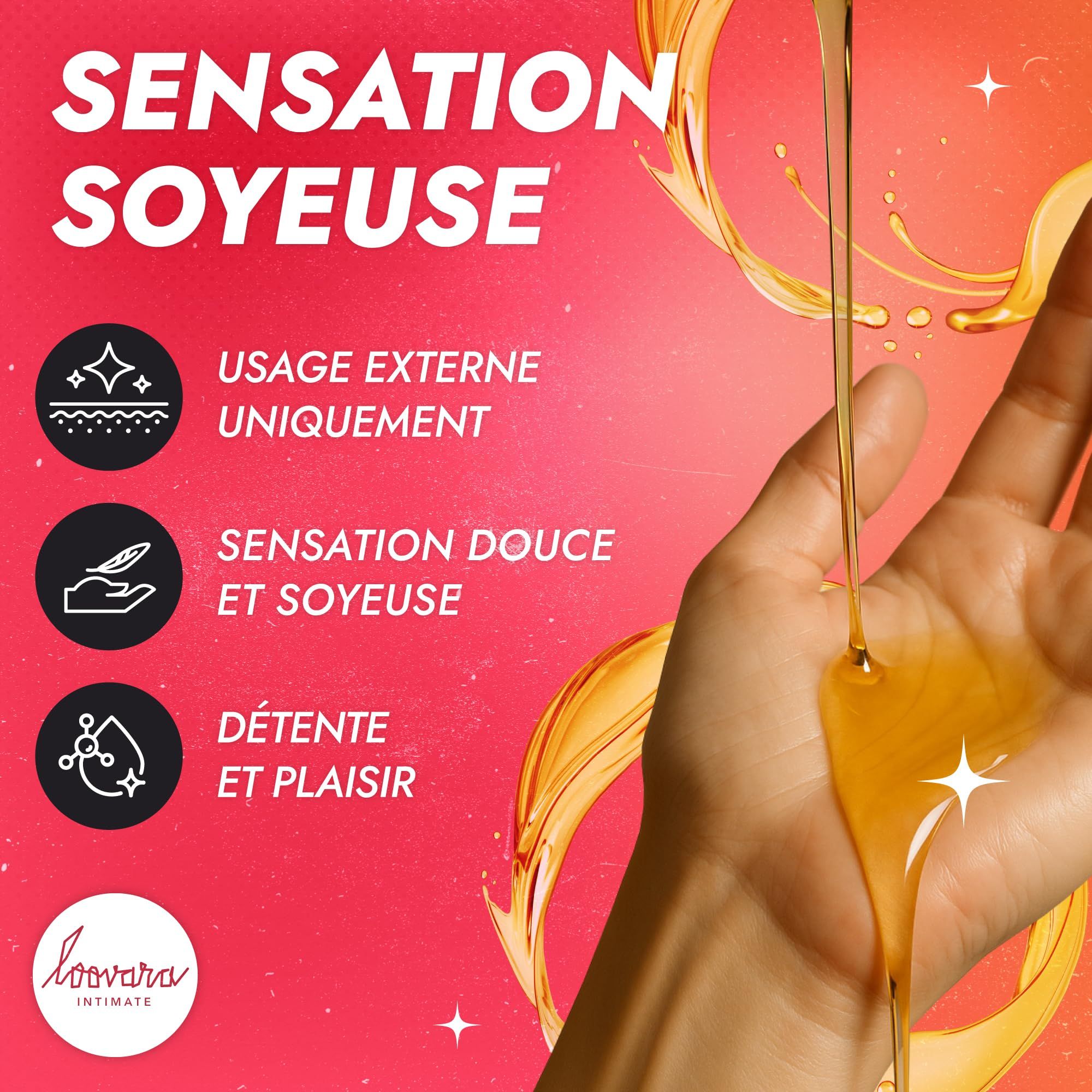 Flacone di olio da massaggio Loovara Happy Hand con icone per 'Uso Esterno', 'Sensazione Morbida', 'Relax e Piacere'.