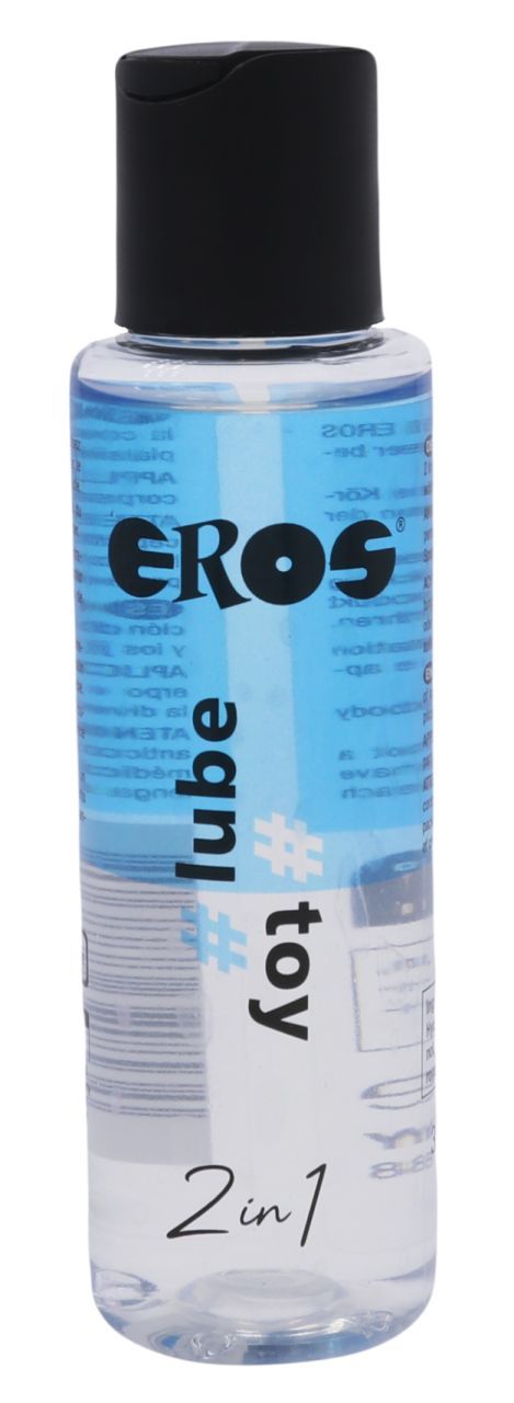Primo piano di un flacone di lubrificante EROS 2in1 e liquido per giocattoli, tappo nero.