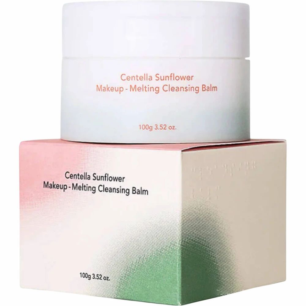 Vasetto prodotto su confezione. Scritta: Centella Sunflower Makeup-Melting Cleansing Balm. Confezione sfumata.