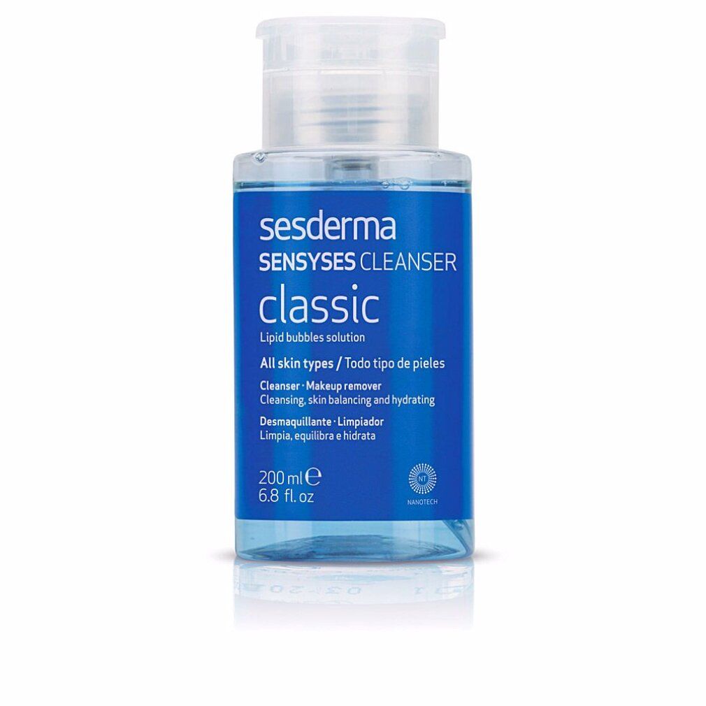 Flacone trasparente con etichetta blu. Scritta: sesderma, SENYSES CLEANSER classic. Contiene 200 ml.