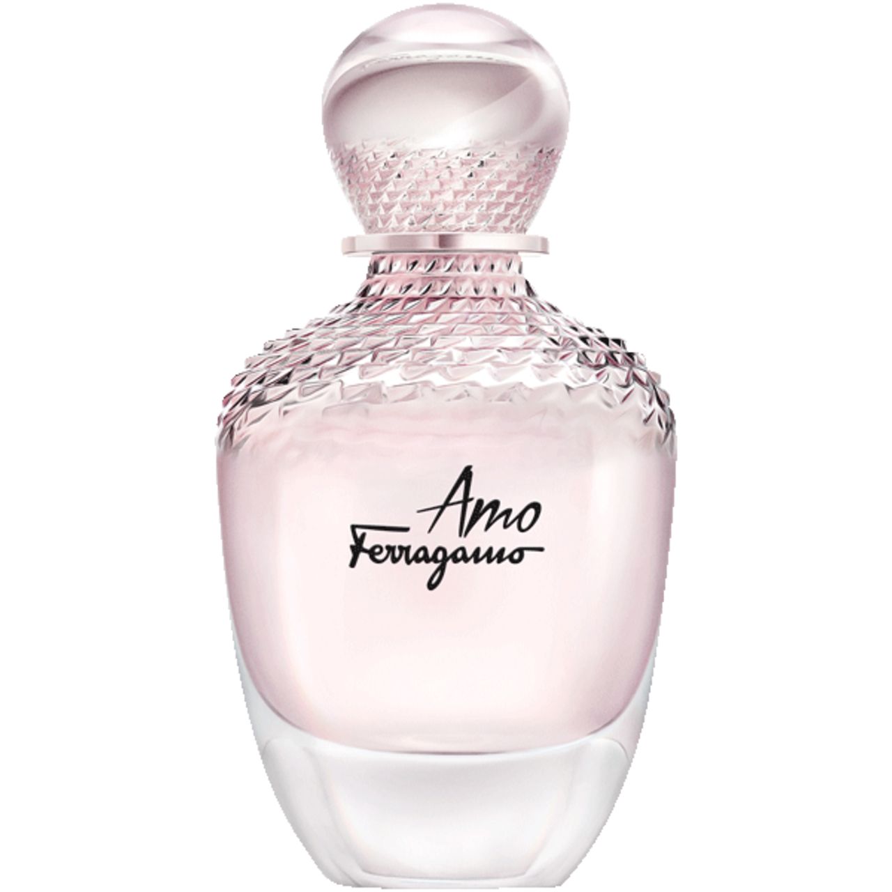 Flacone di profumo rosa. Rotondo, con tappo trasparente. Scritta 'Amo Ferragamo'.