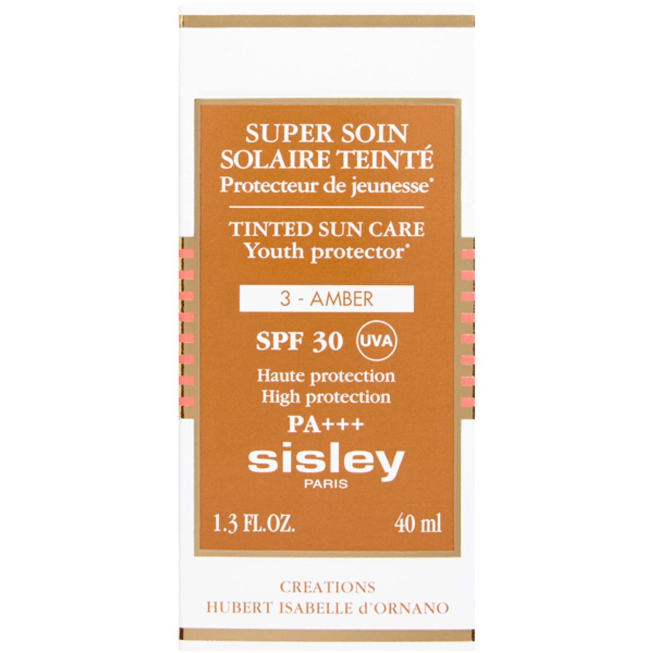 Confezione con testo. Contiene 'SUPER SOIN SOLAIRE TEINTE' e 'SPF 30'. Marchio: SISLEY.