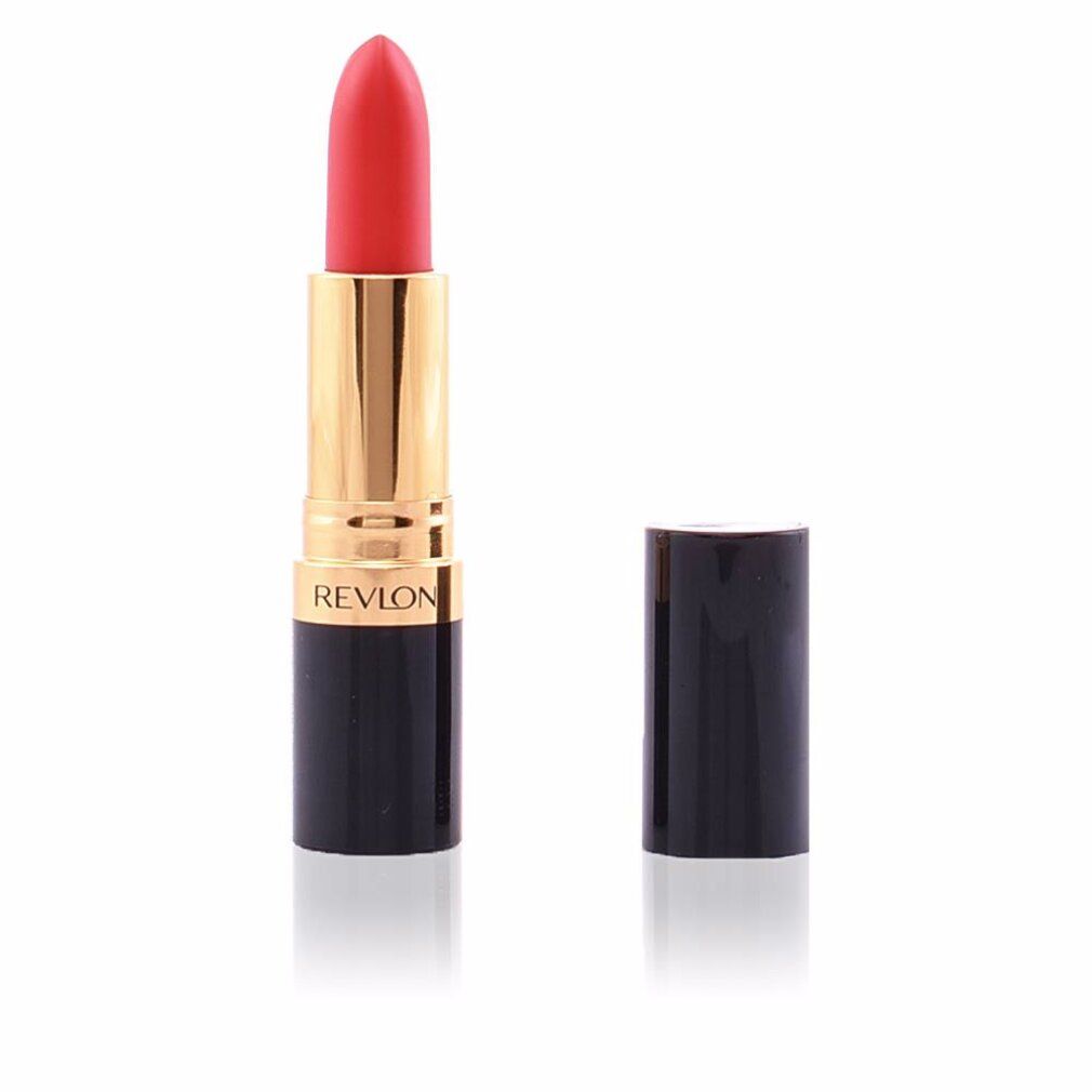Rossetto rosso con cappuccio nero. Corpo dorato con scritta REVLON. Aperto, stick visibile.