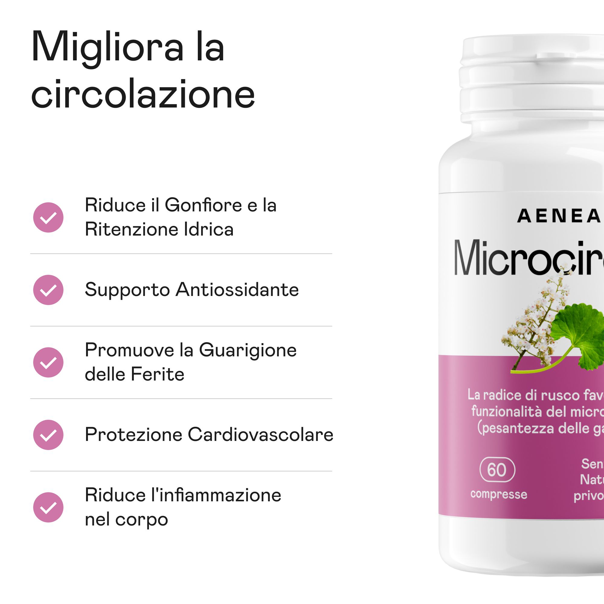 Flacone di compresse Aenea Microcircolo. Scritte: Riduce il gonfiore, supporta gli antiossidanti, favorisce la guarigione delle ferite.