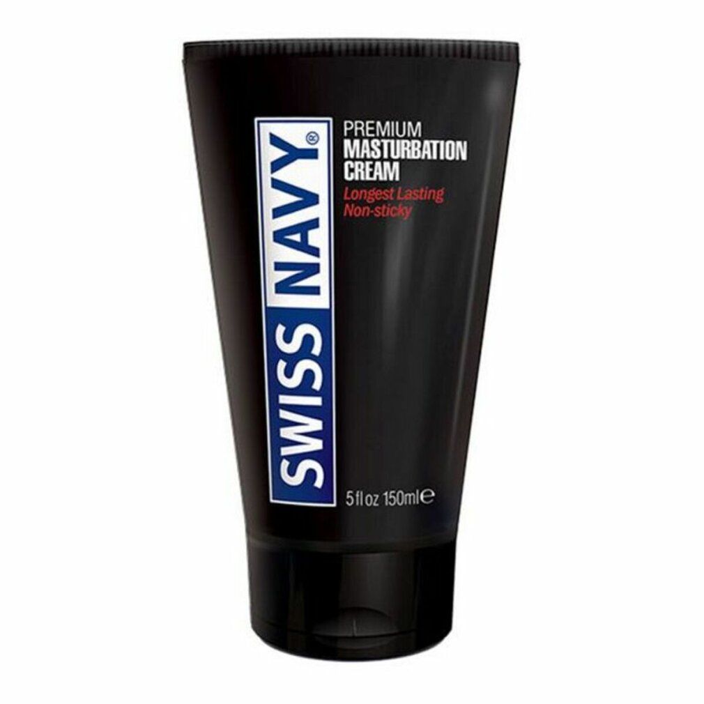 Tubo nero con logo "SWISS NAVY". Testo: "PREMIUM MASTURBATION CREAM". Volume: 150ml. Lunga durata, non appiccicoso.