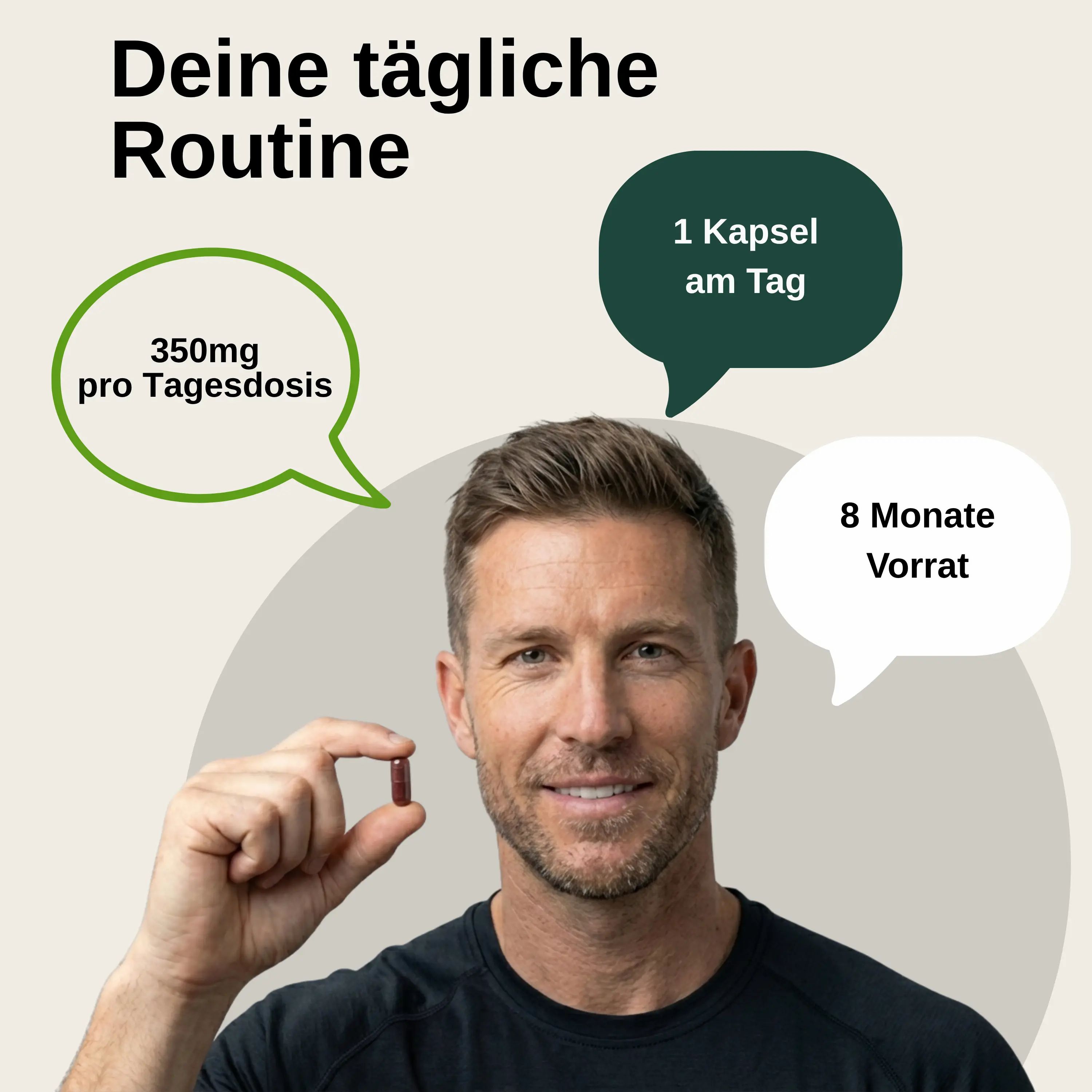 Uomo tiene una capsula Vita Elements OPC estratto di semi d'uva. 350mg dose giornaliera, 1 capsula al giorno, scorta di 8 mesi.