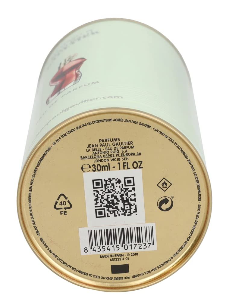 Fondo della scatola con informazioni sul prodotto. Codice QR, avvertenze. Scritta: Jean Paul Gaultier, La Belle.