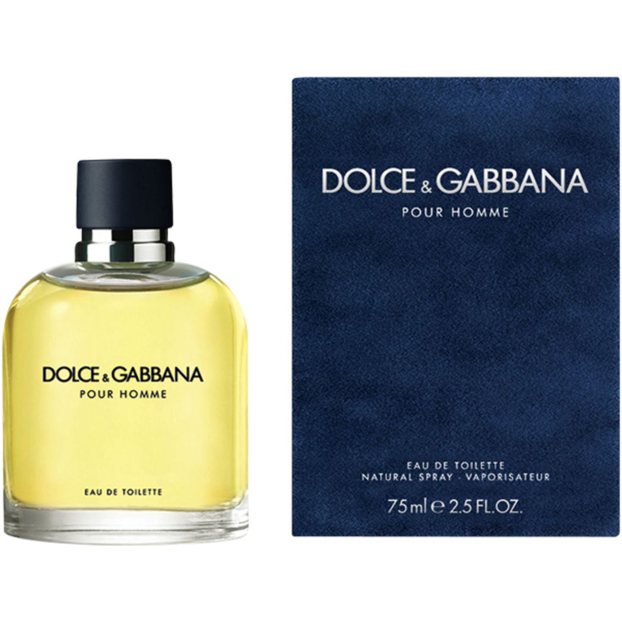 Flacone di Dolce & Gabbana Pour Homme EdT. Flacone in vetro con tappo nero. Liquido giallastro visibile. Scritta nera sul flacone.