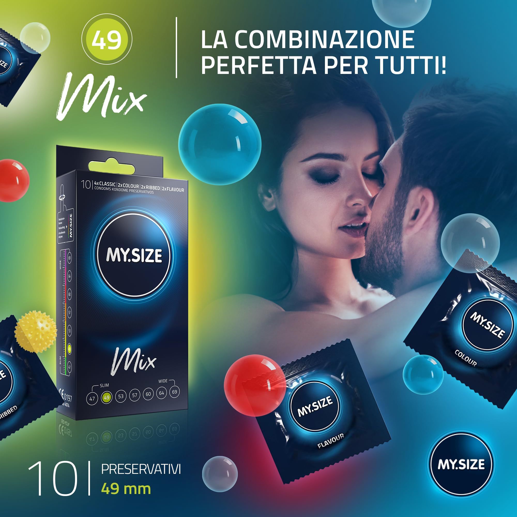 Preservativi MY.SIZE Mix: 10 pezzi, misura 49mm. Varietà diverse.