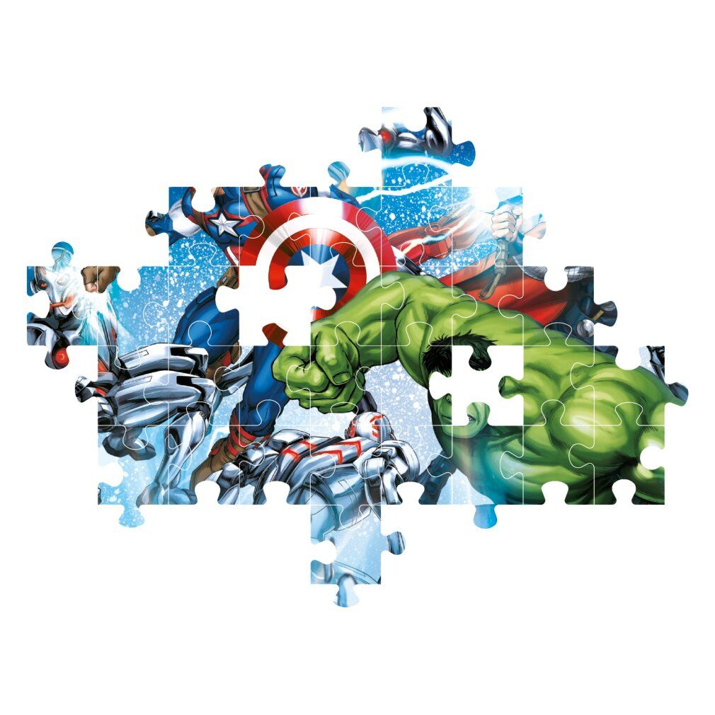 Pezi di puzzle Avengers parzialmente assemblati. Hulk, Capitan America e robot sono visibili.