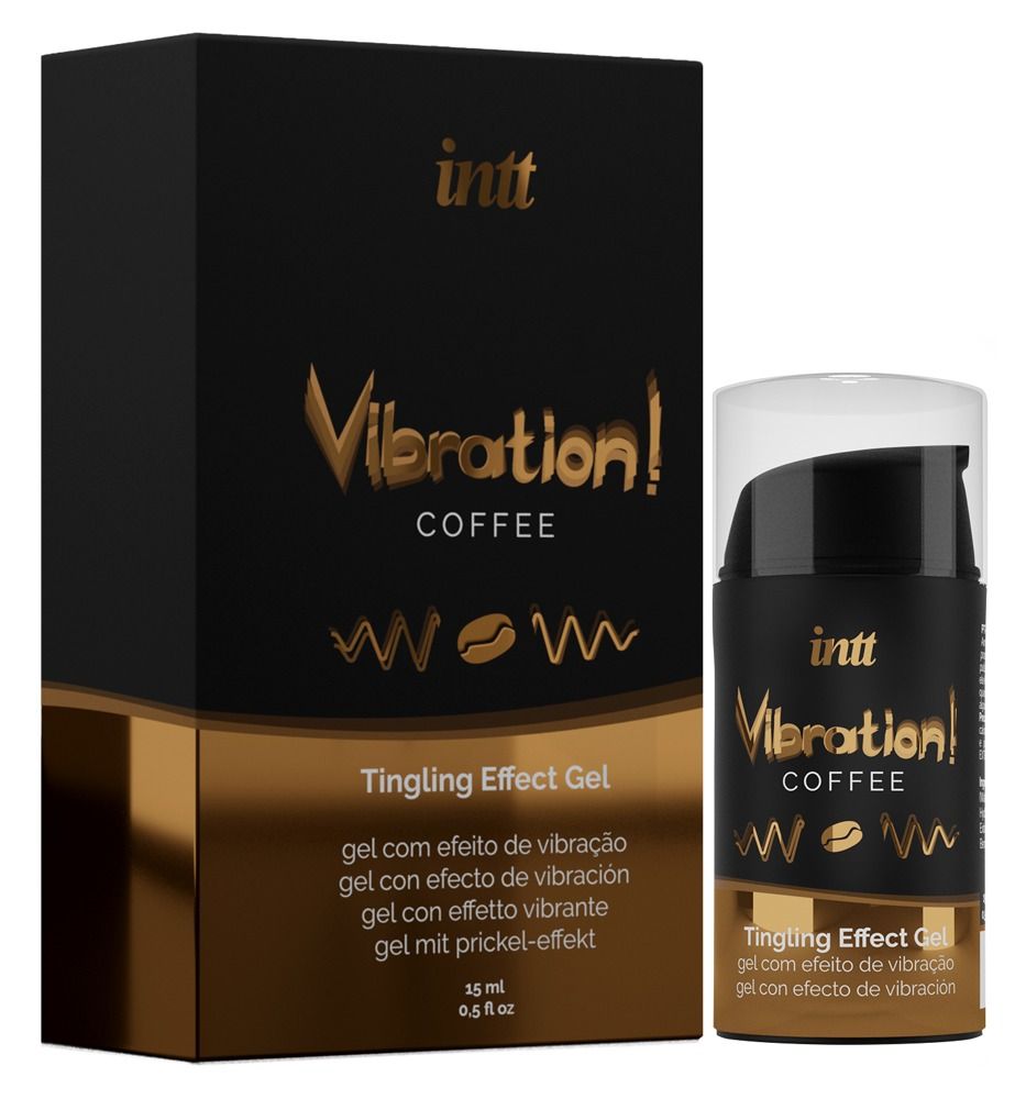 Confezione e flacone. Prodotto: Vibration! Coffee Tingling Effect Gel. Marchio: INTT. Flacone con dosatore.