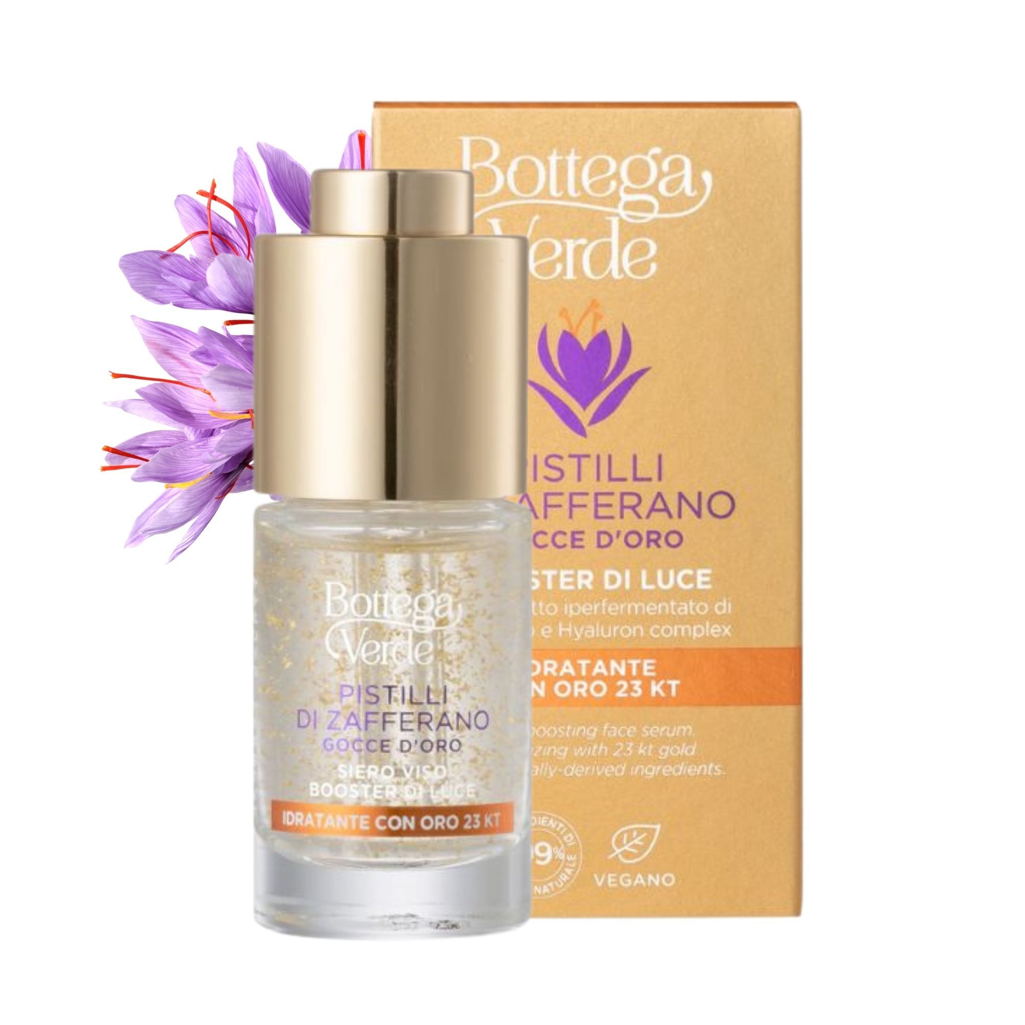 Siero viso Bottega Verde con oro, zafferano e confezione.