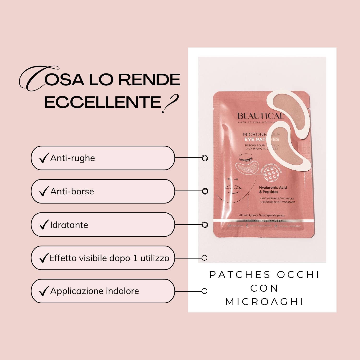 Confezione rosa BEAUTICAL Microneedle Eye Patches. Testo: Anti-rughe, anti-borse, idratante.