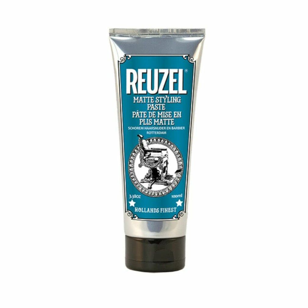 Tubo d'argento con etichetta blu. Testo: REUZEL, Matte Styling Paste. Immagine di una poltrona da barbiere. 100ml. Prodotto olandese.