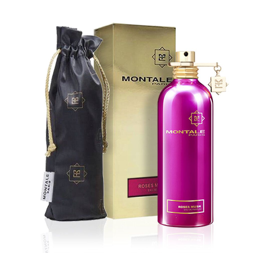 Flacone di profumo rosa, confezione dorata, sacchetto nero. Scritta: MONTALE PARIS, ROSES MUSK.